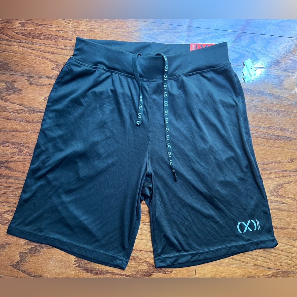 NWT 2xist Black Athletic Drawstring Shorts with Teal Logo